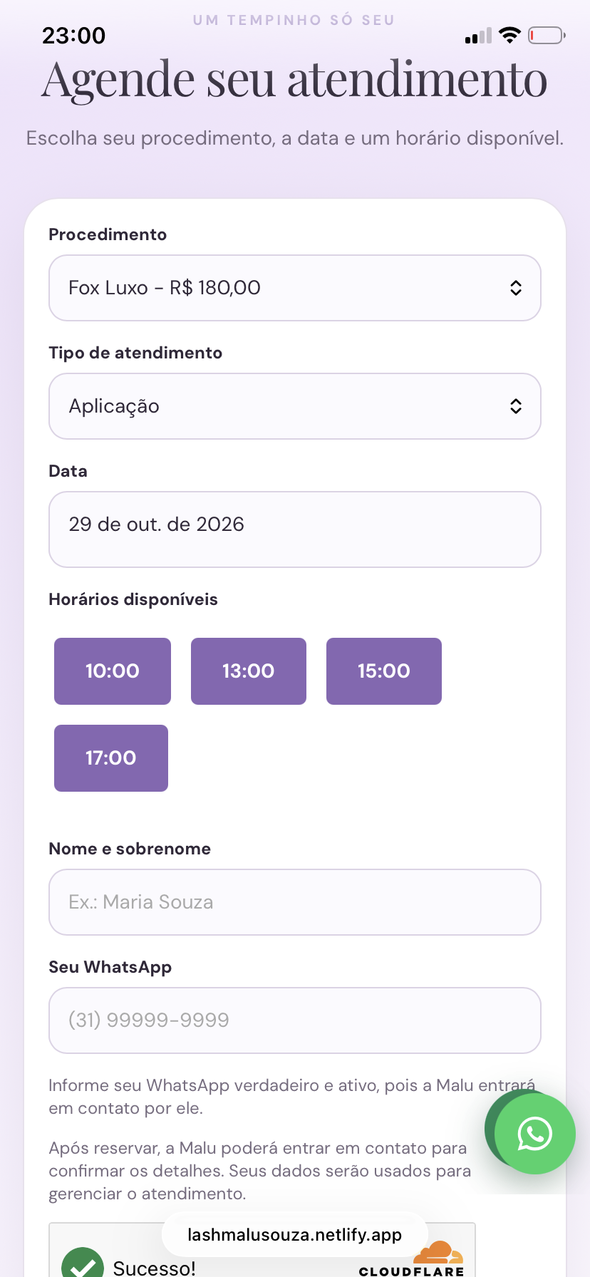 Imagem real da seção de agendamento da Malu Souza