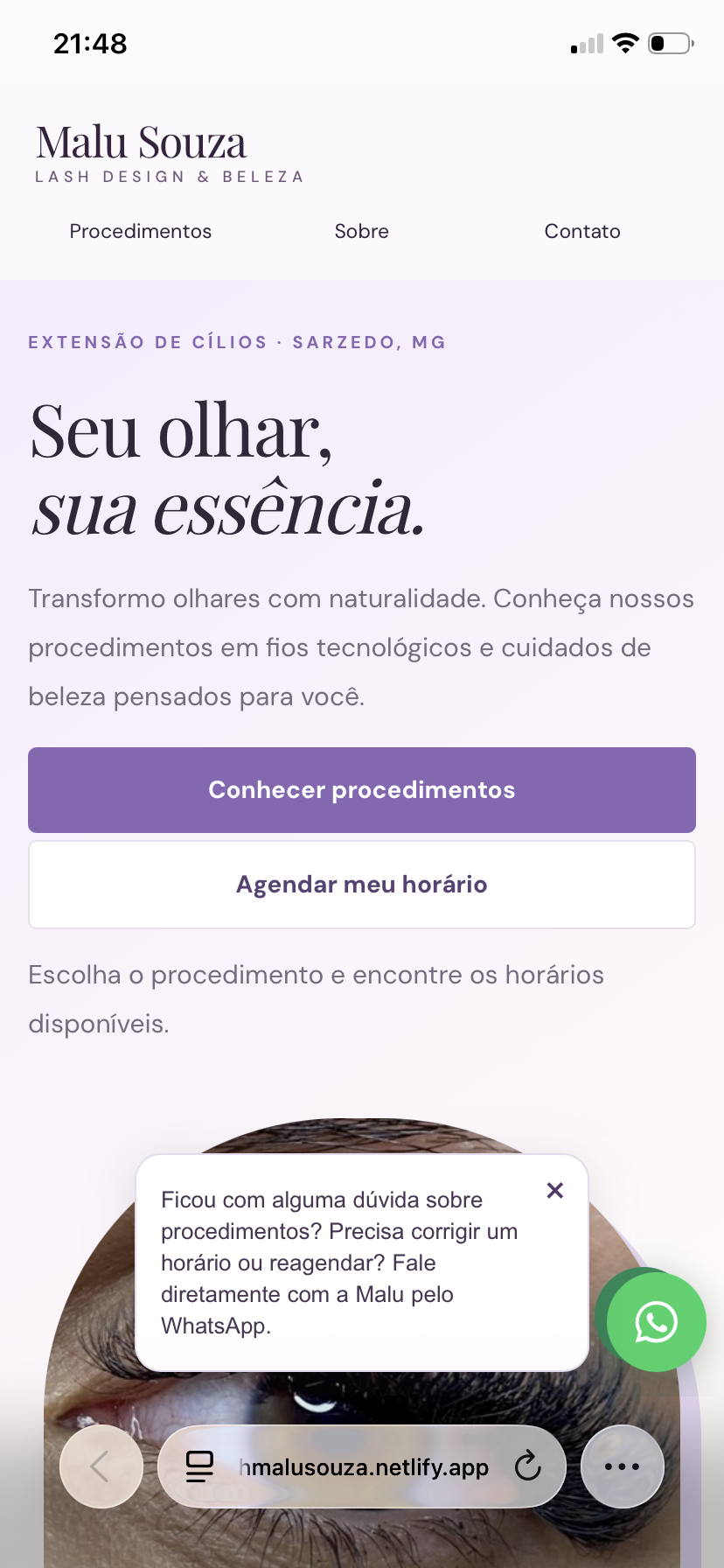 Imagem real da landing page da Malu Souza no celular